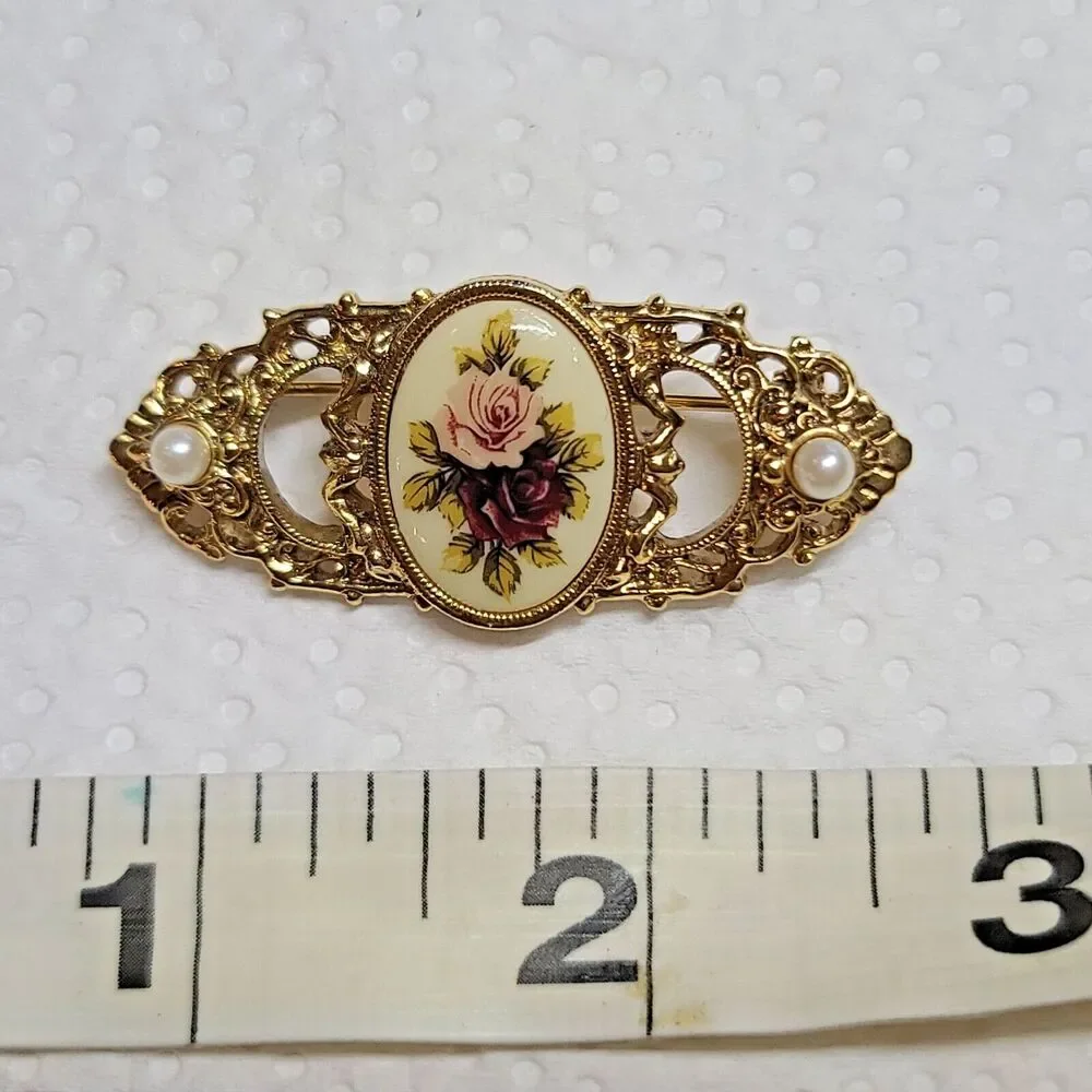 VTG 1928 Brand Painted Roses Faux Pearl Gold Tone Brooch Pin Victorian Revival